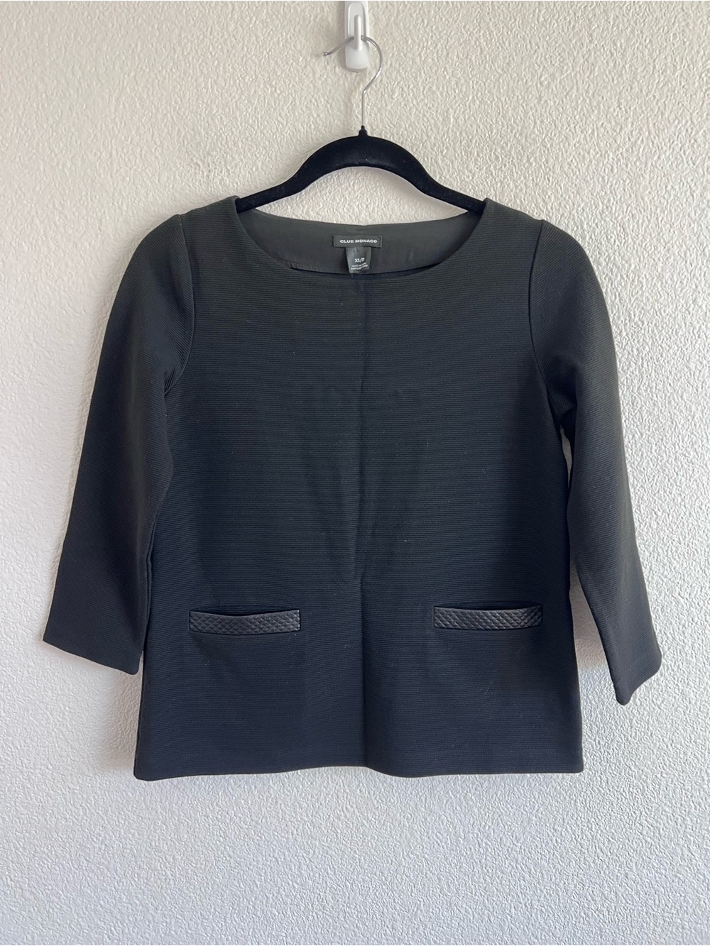 Club Monaco Knit Boat Neck Faux Leather Trim Top Black XSmall